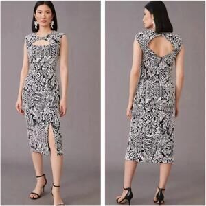 by Anthropologie Jacquard Cut-Out Midi Sheath Dress Black White Women's XLarge